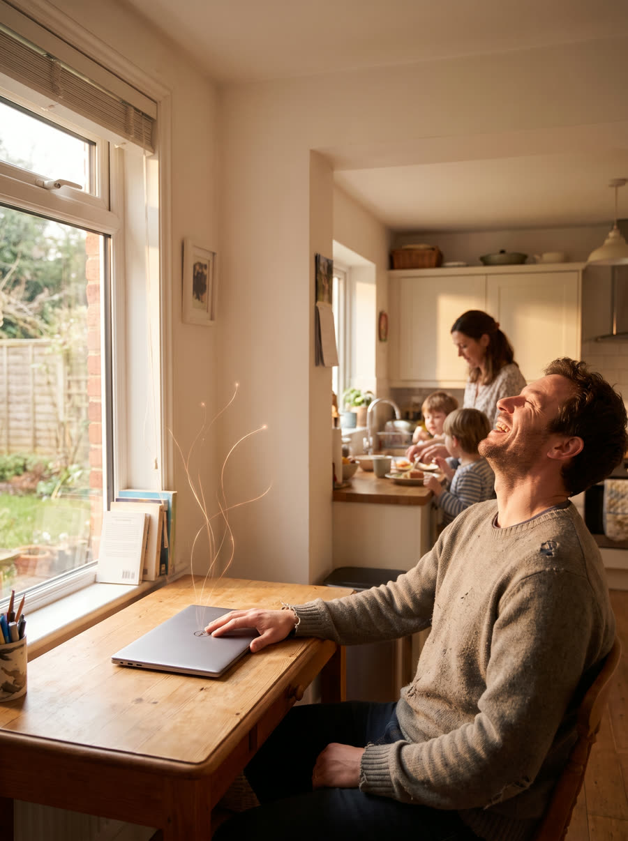 A father laughing with his family at golden hour, his closed laptop still quietly working behind him