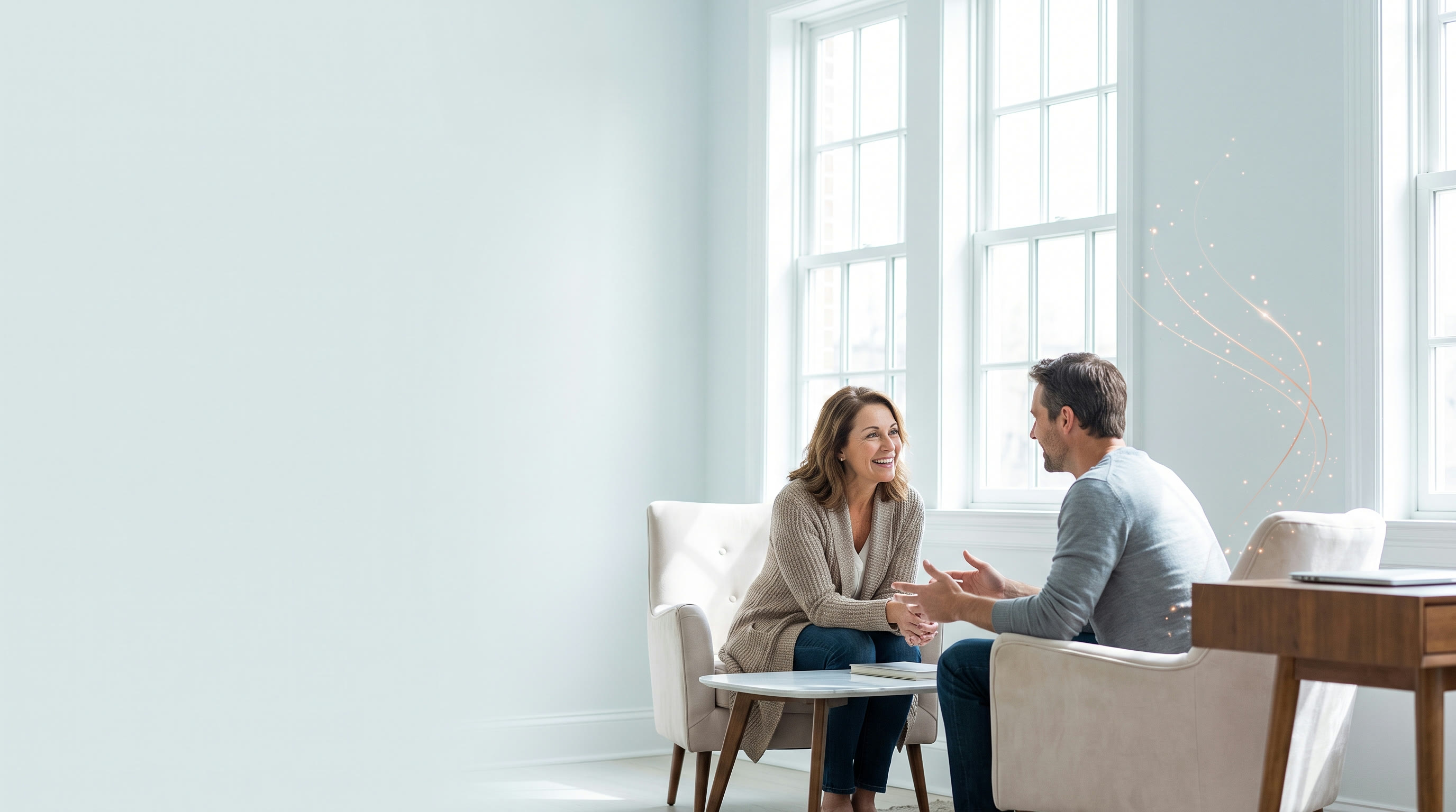 A coach and client in conversation, the HUMN mark glowing between them