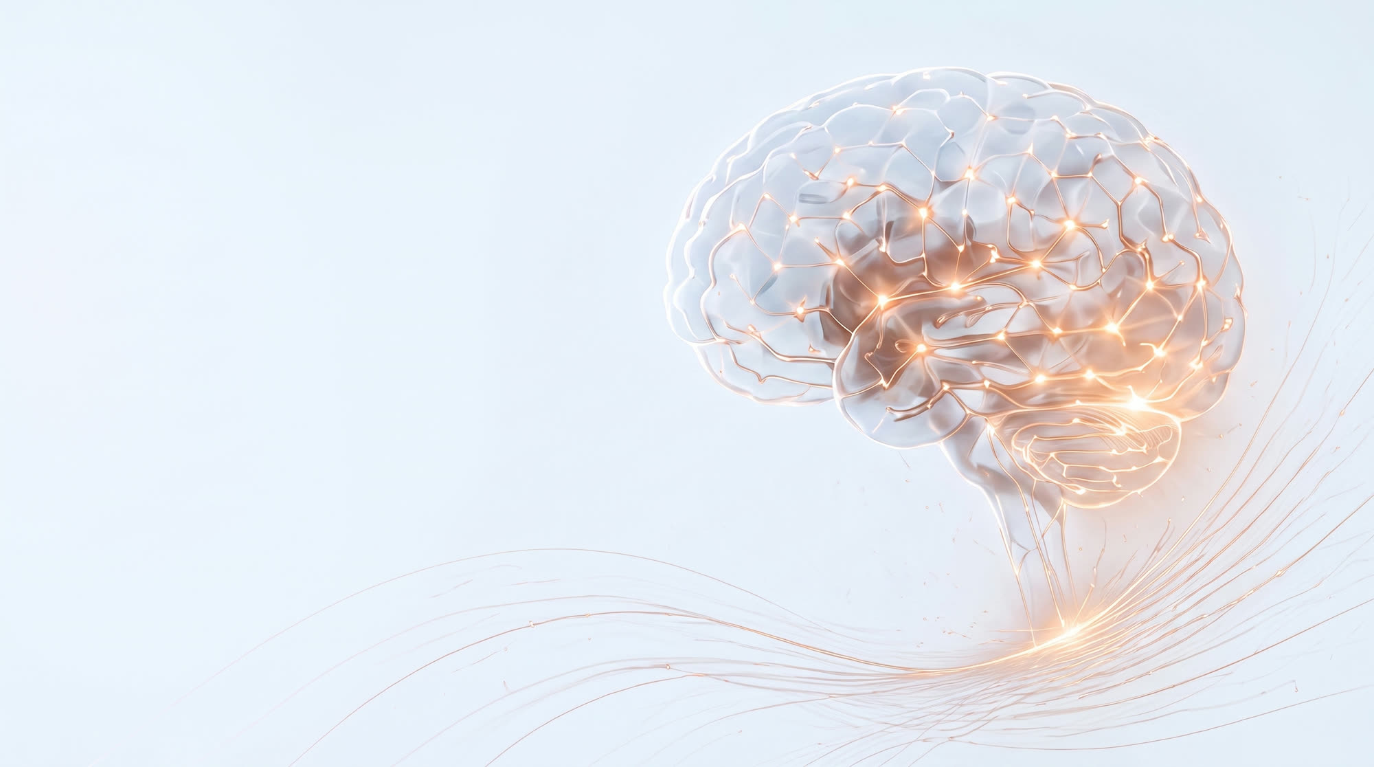 A luminous glass brain glowing with copper light