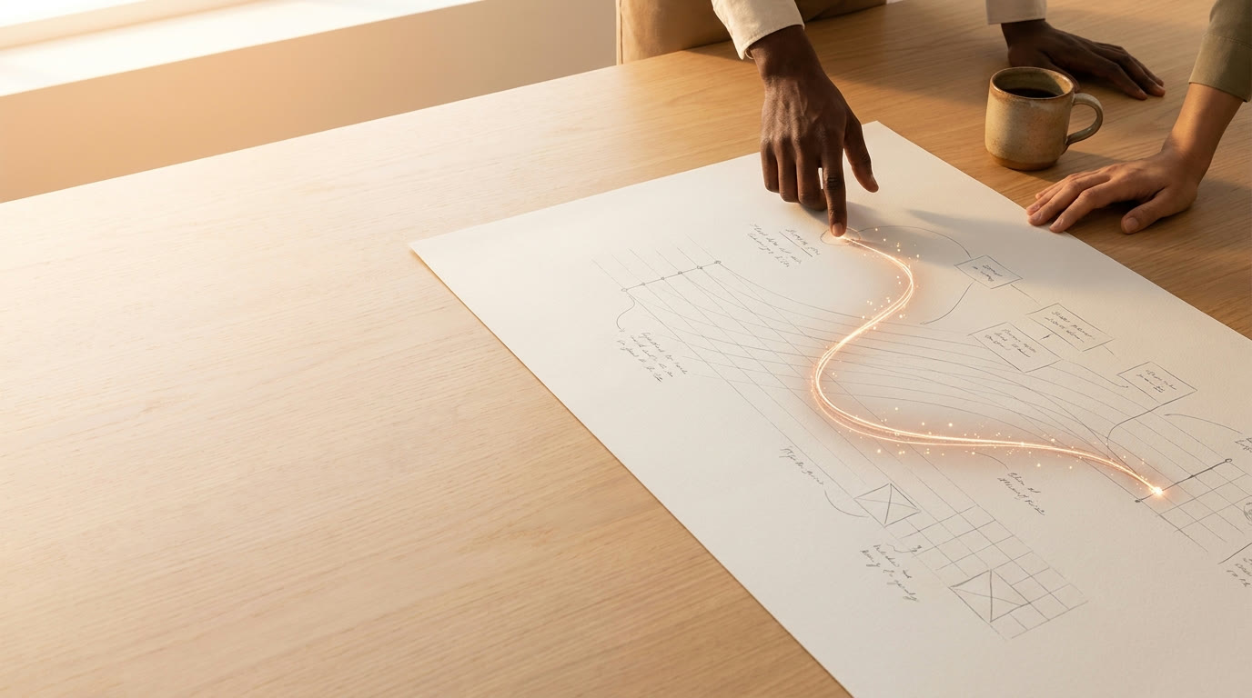 Hands over a strategy plan on a warm-lit table, a copper thread of light tracing the route to the destination