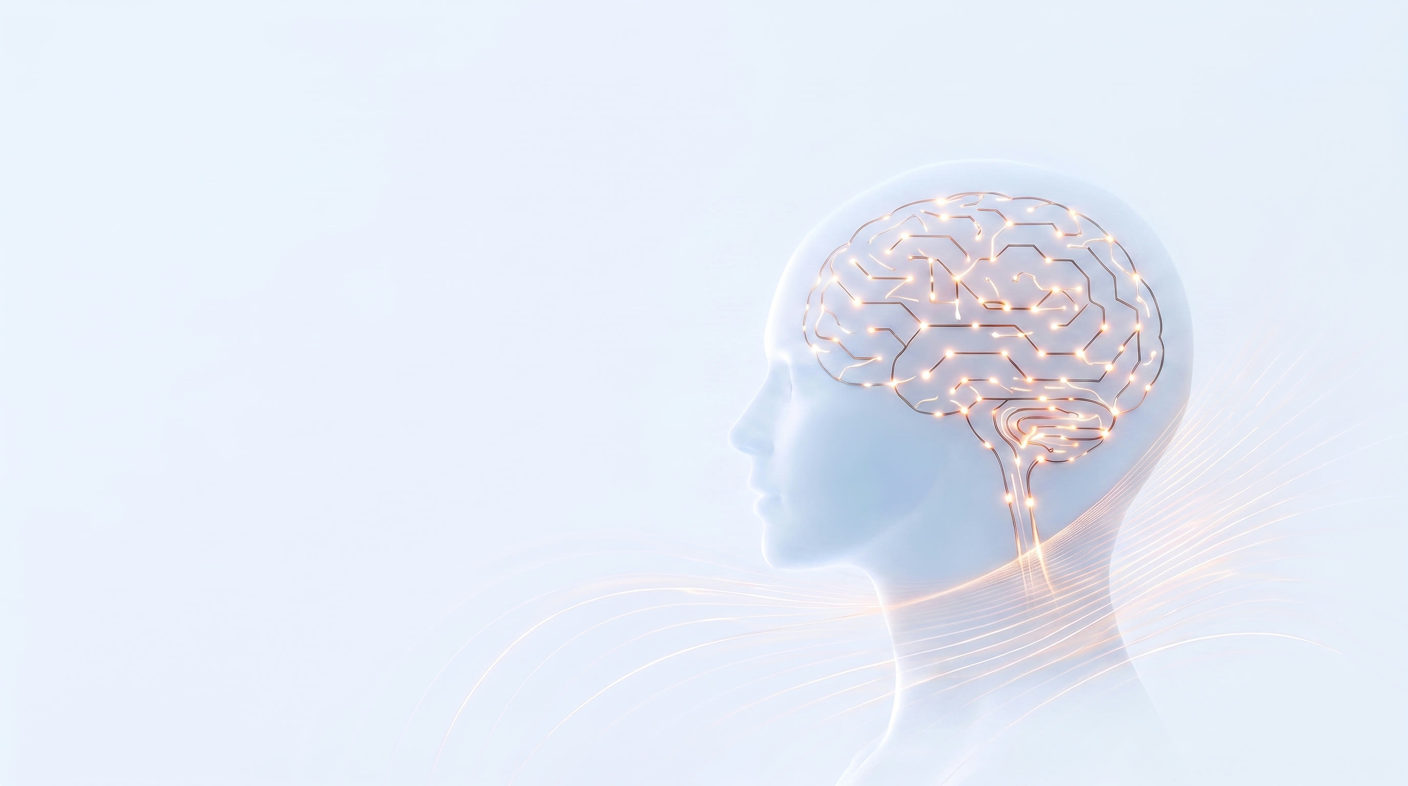 A calm human profile whose circuit brain glows with copper light