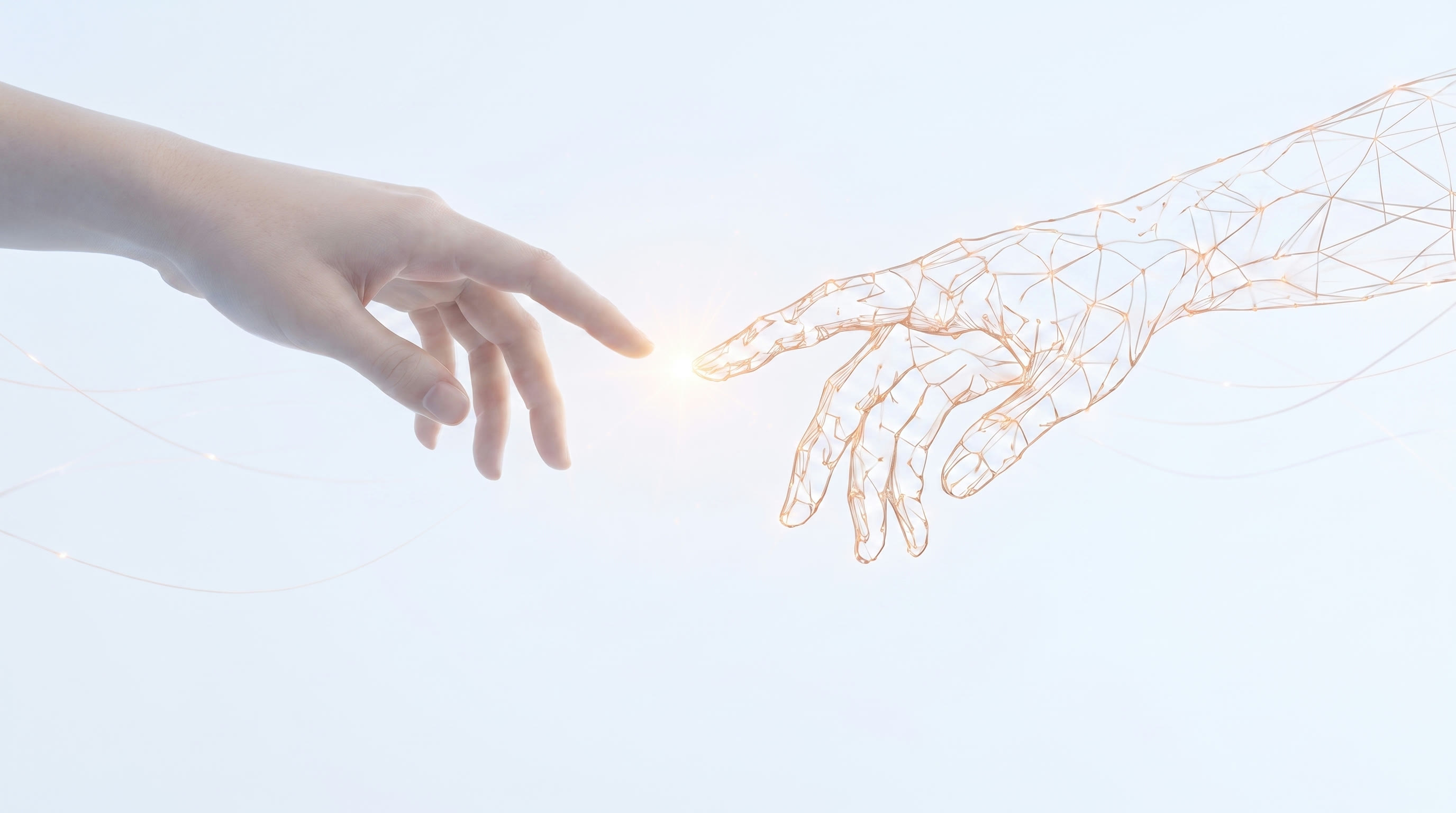 A human hand and a hand of light, fingertips almost touching